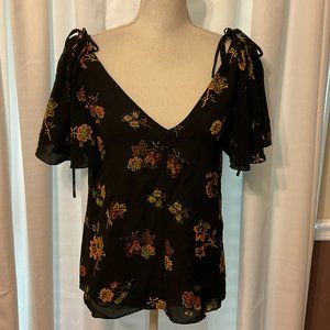 A.L.C. Top 2 Black Yellow Pink Floral Tie Detail V-Neck Semi-Sheer